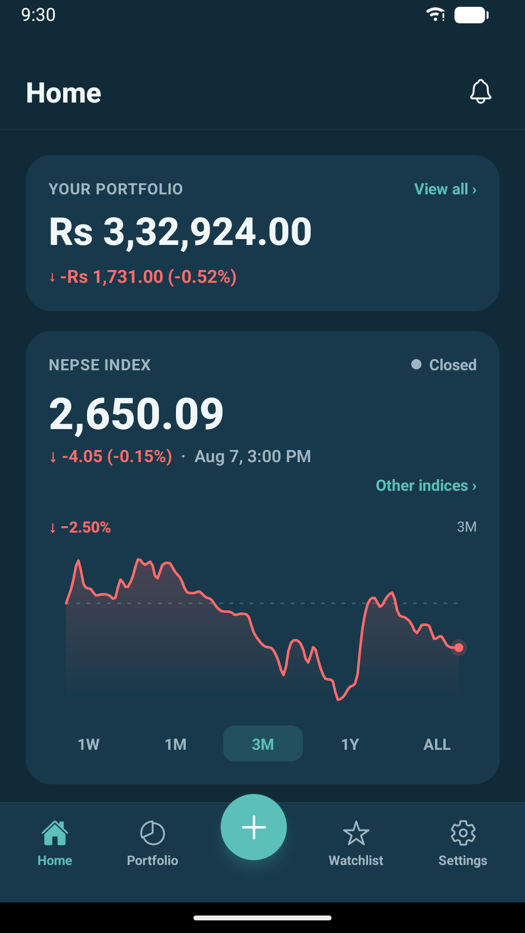 Home screen showing portfolio value and the NEPSE index