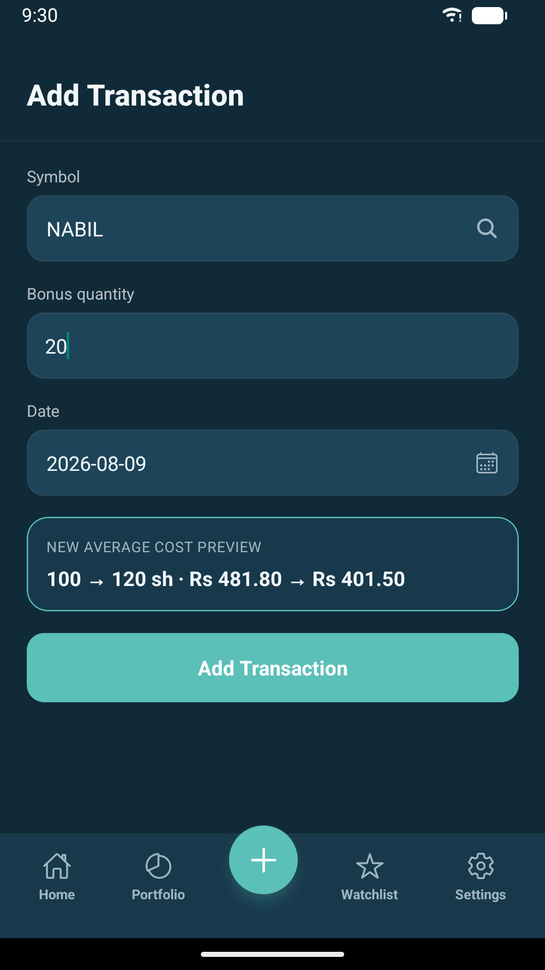 Adding a bonus transaction with a live average cost preview